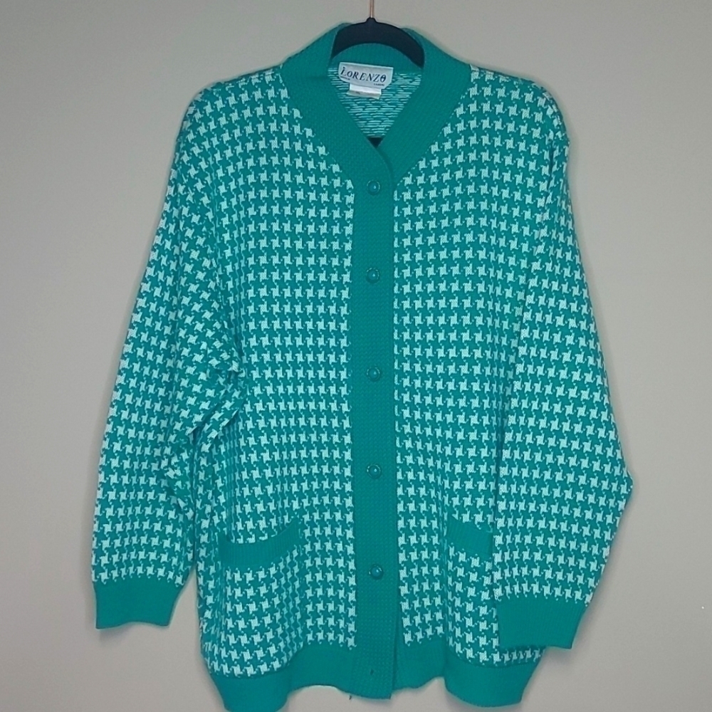 Vintage Green & White Houndstooth Knit Cardigan